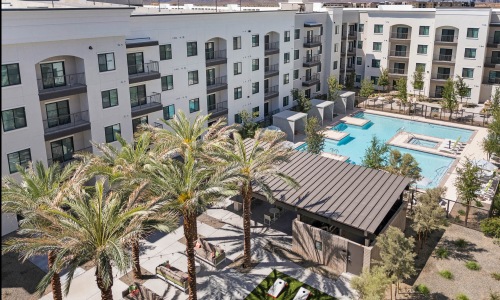 pool surrounded by palms and outdoor seating