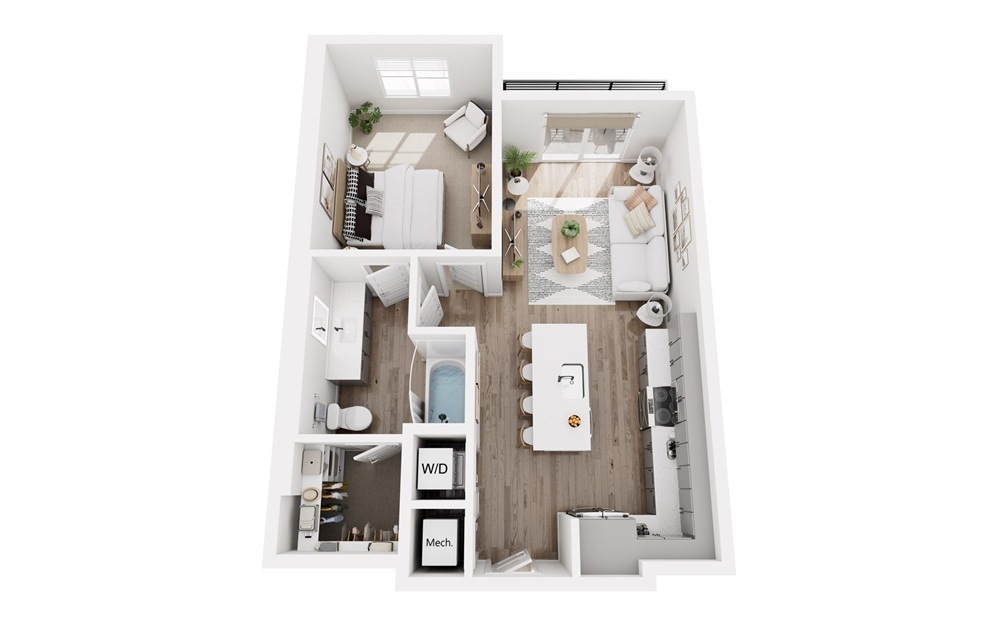 A1.1 - 1 bedroom floorplan layout with 1 bathroom and 690 square feet (3D)