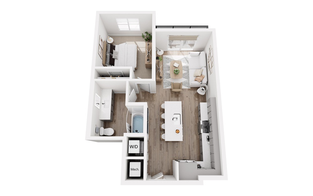 A1.3 - 1 bedroom floorplan layout with 1 bathroom and 651 square feet (3D)