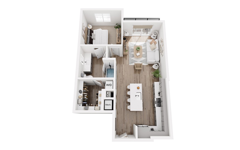 A2.1 - 1 bedroom floorplan layout with 1 bathroom and 757 square feet (3D)