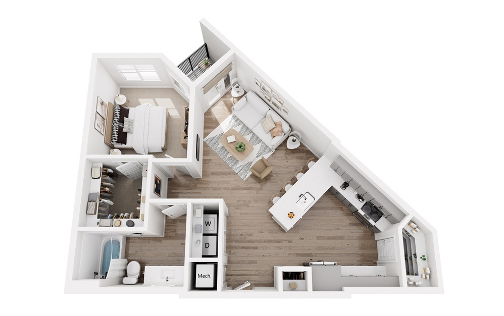 A4.0L - 1 bedroom floorplan layout with 1 bathroom and 800 - 804 square feet (3D)
