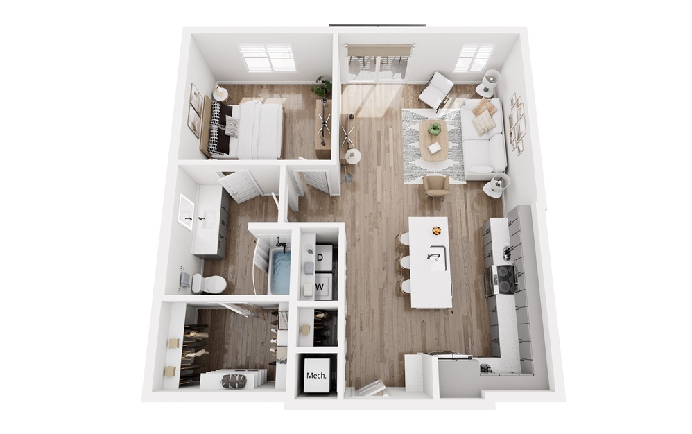 A5 - 1 bedroom floorplan layout with 1 bathroom and 872 square feet (3D)