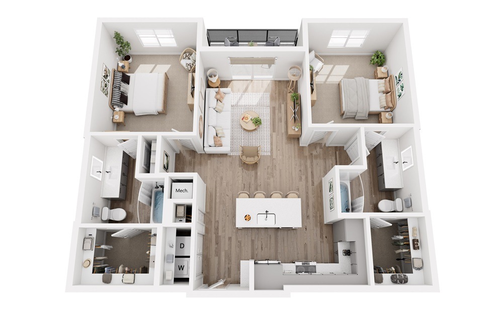 B1.0L - 2 bedroom floorplan layout with 2 bathrooms and 1160 - 1164 square feet (3D)