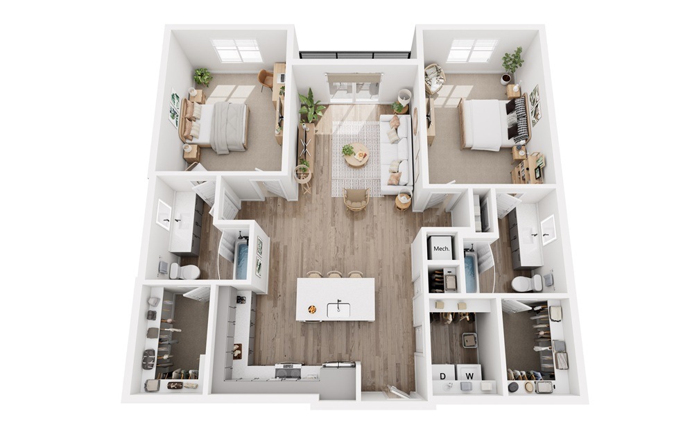 B2 - 2 bedroom floorplan layout with 2 bathrooms and 1316 square feet (3D)