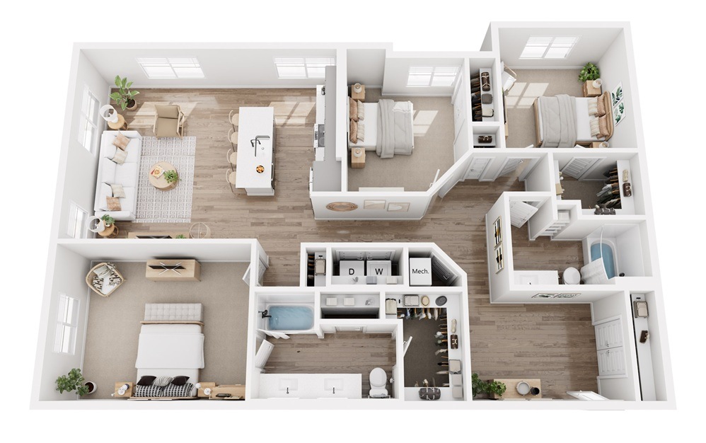 C1 - 3 bedroom floorplan layout with 2 bathrooms and 1641 square feet (3D)