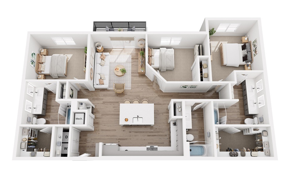 C3 - 3 bedroom floorplan layout with 3 bathrooms and 1488 square feet (3D)